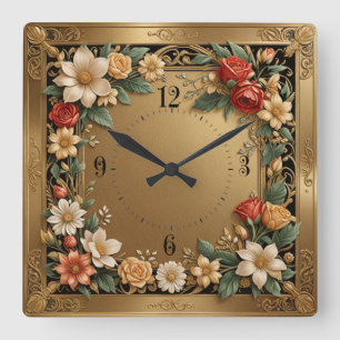 Blume Gold Quadratische Wanduhr