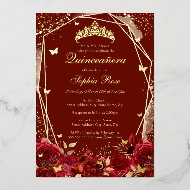 Blume Gold Red Tiara Quinceanera Folieneinladung