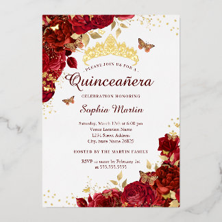 Blume Gold Roter Schmetterling Elegantes Quinceane Folieneinladung