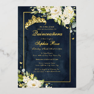 Blume Golden Butterfly Navy Quinceanera Folieneinladung