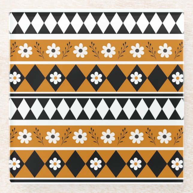 Blume Grenzstreifen Diamond-Boho Blumenmuster Glasuntersetzer (Vorderseite)