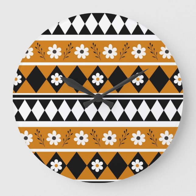 Blume Grenzstreifen Diamond-Boho Blumenmuster Große Wanduhr (Vorderseite)