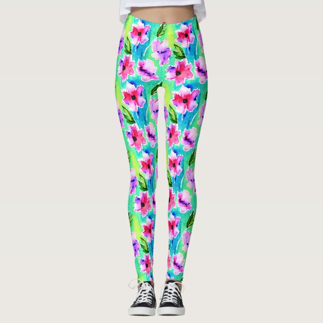 Blume Grün, Rosa und Blau Leggings (Vorderseite)