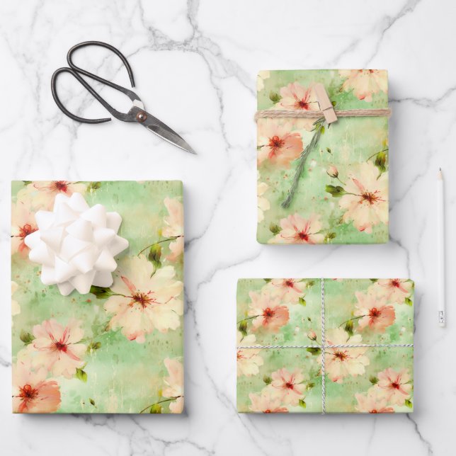 Blume Grün und Blau Elegant Boho Geschenkpapier Set (Vorderseite)