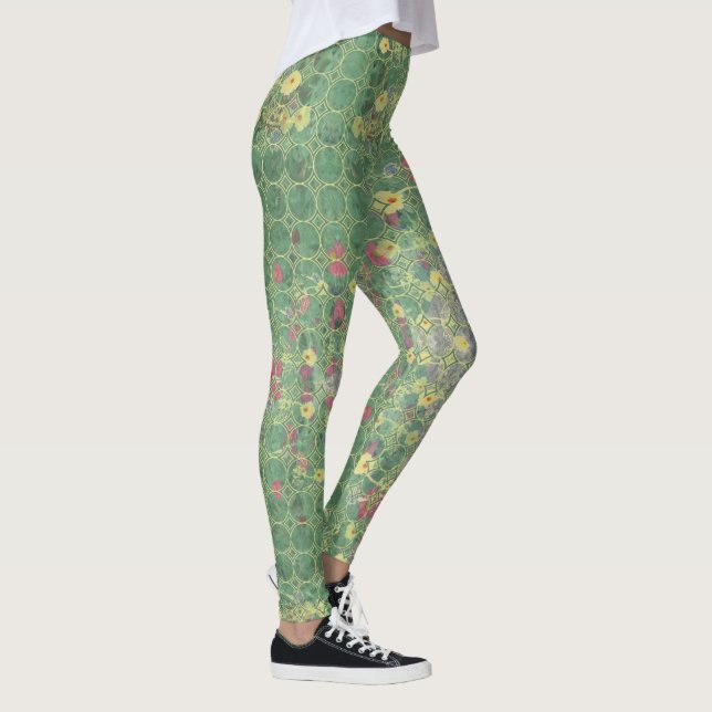 Blume Grüne Graue Fliese  Leggings (Rechts)