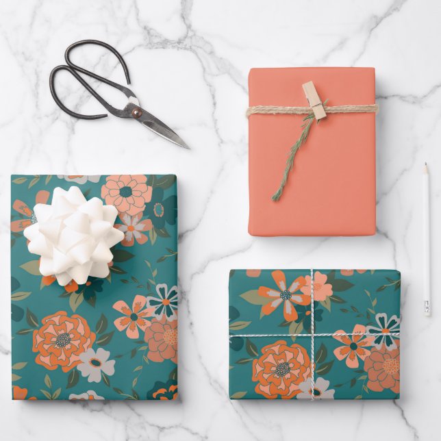 Blume Grünes orangefarbenes botanisches Geschenk Geschenkpapier Set (Vorderseite)