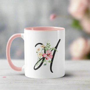 Blume "H", Schwarz, Weiblich, Buchstaben "H", Rosa Tasse