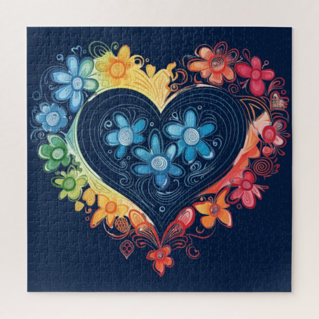 Blume Herz Dunkles blaues Puzzle (Vertikal)