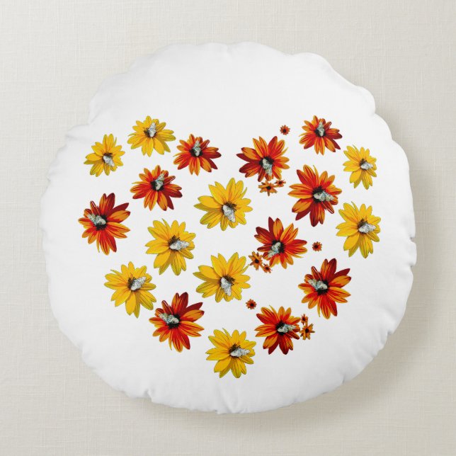 Blume Herz mit Schmetterlingen Rundes Kissen (Vorderseite)