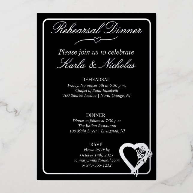 Blume Herz und Rose Probe Abendessen Folieneinladung (Vorderseite)