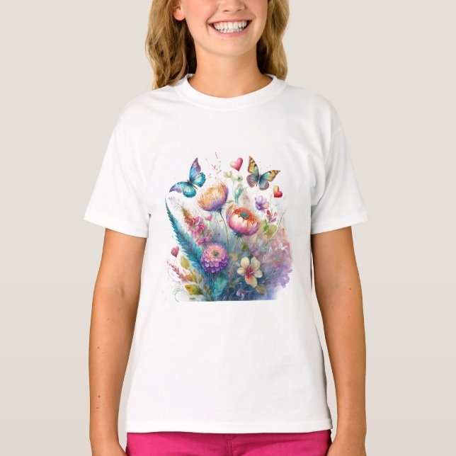 Blume, Herz und Schmetterlinge T-Shirt (Vorderseite)