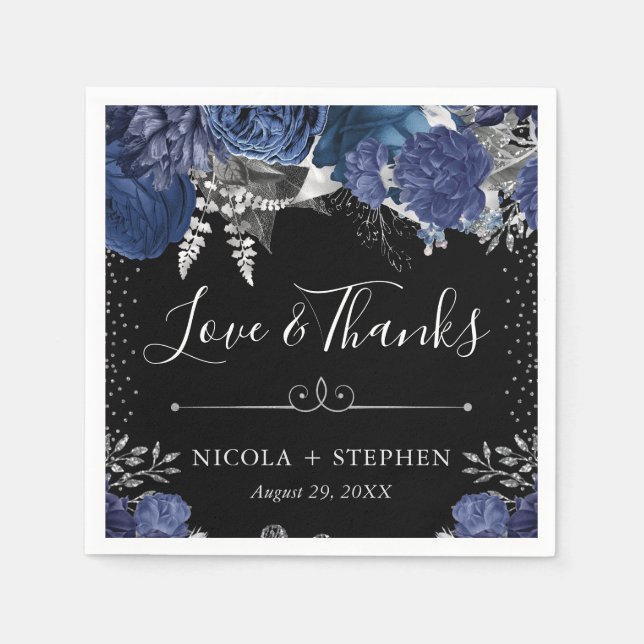 Blume Hochzeit in Aquarellblau und Silber Serviette (Vorderseite)