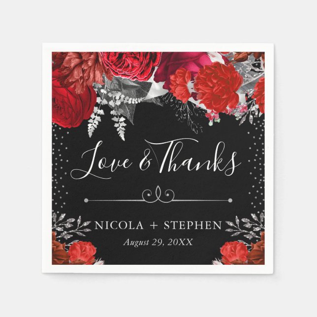 Blume Hochzeit in Aquarellfarbe Rot und Silber Serviette (Vorderseite)