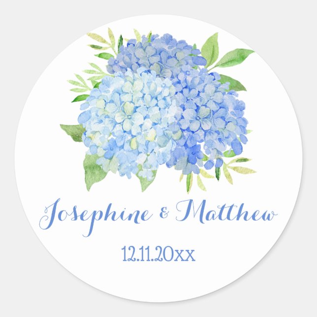 Blume Hochzeit von Aquarell Blue Hydrangea Runder Aufkleber (Vorderseite)