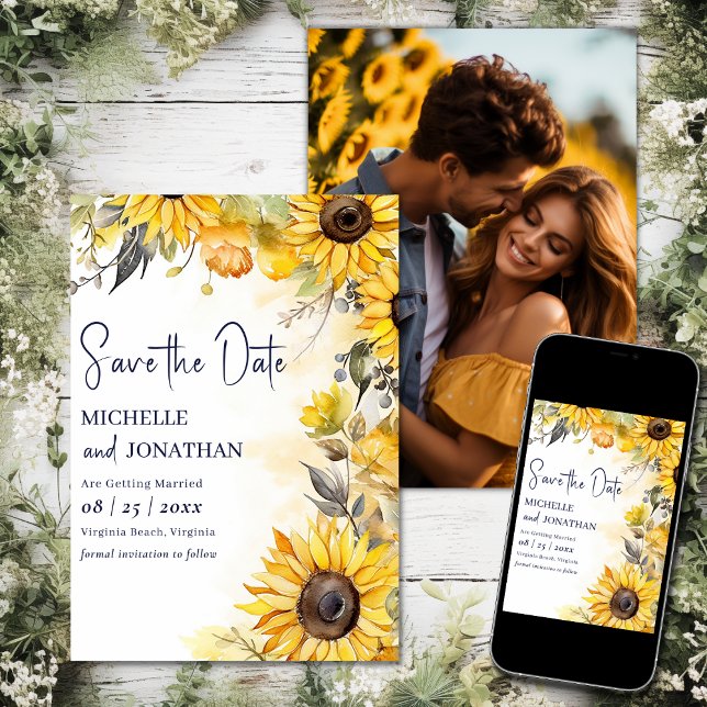 Blume Hochzeitsfeier Foto mit Sonnenblumen Save The Date (Printed and Digital - Watercolor Sunflower Floral Flower Wedding Photo Save The Date)