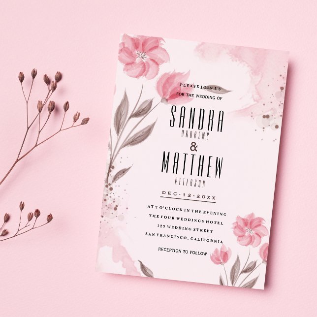 Blume Hochzeitsfeiern in Rosa Einladung (Blush pink brown watercolor flowers Wedding)