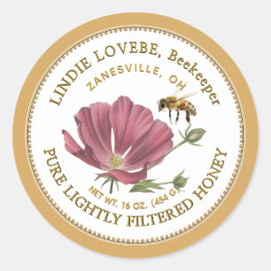 Blume Honey Label mit rosa Blume und Biene Runder Aufkleber