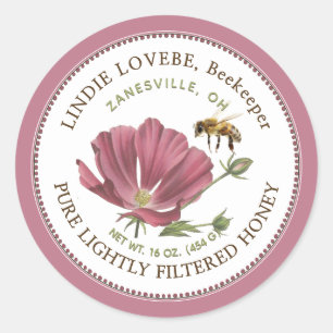 Blume Honey Label mit rosa Blume und Biene Runder Aufkleber