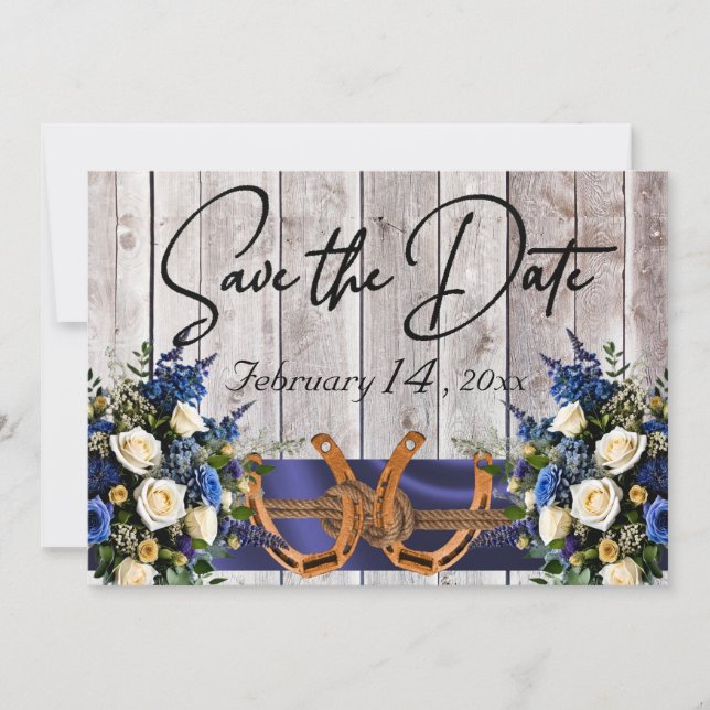Blume & Hufeisen, Hochzeiten mit blauen Ribbon Save The Date (Vorderseite)