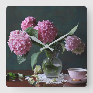 Blume Hydrangeas in Vase Quadratische Wanduhr