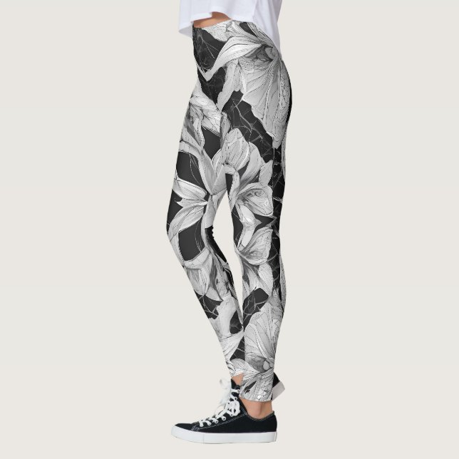Blume Illustration Design Schwarzweiß Leggings (Links)
