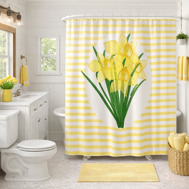 Blume im Frühlingsstil Duschvorhang (Bright daffodils bloom in a striped shower curtain, adding cheerful charm to this farmhouse bathroom)