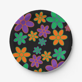 Blume im Stil der 1970er Jahre Schwarze Hintergrun Pappteller