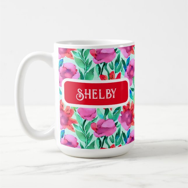 Blume in Aquamarin, rot und rosa Kaffeetasse (Links)