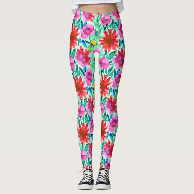 Blume in Aquamarin, rot und rosa Leggings (Vorderseite)