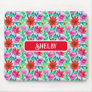 Blume in Aquamarin, rot und rosa Mousepad