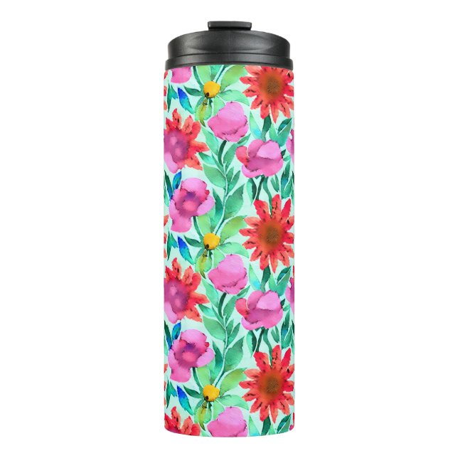 Blume in Aquamarin, rot und rosa Thermosbecher (Vorderseite)