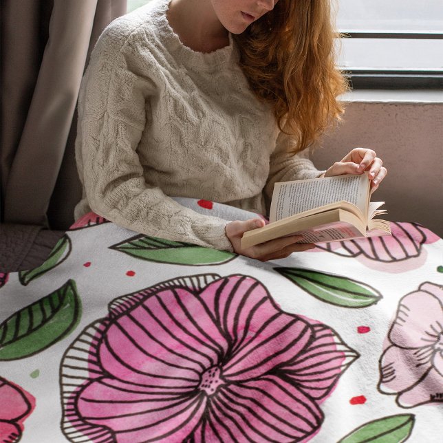 Blume in Aquarell und Tinte - Rosa und Grün Fleecedecke (Von Creator hochgeladen)