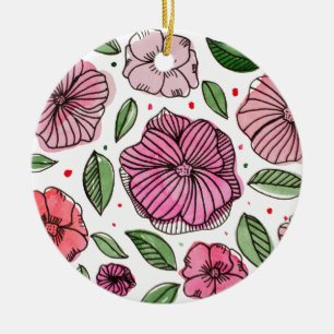 Blume in Aquarell und Tinte - Rosa und Grün Keramikornament