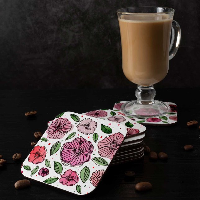 Blume in Aquarell und Tinte - Rosa und Grün Rechteckiger Pappuntersetzer (Von Creator hochgeladen)