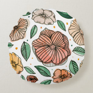 Blume in Aquarell und Tinte - Vintag Rundes Kissen