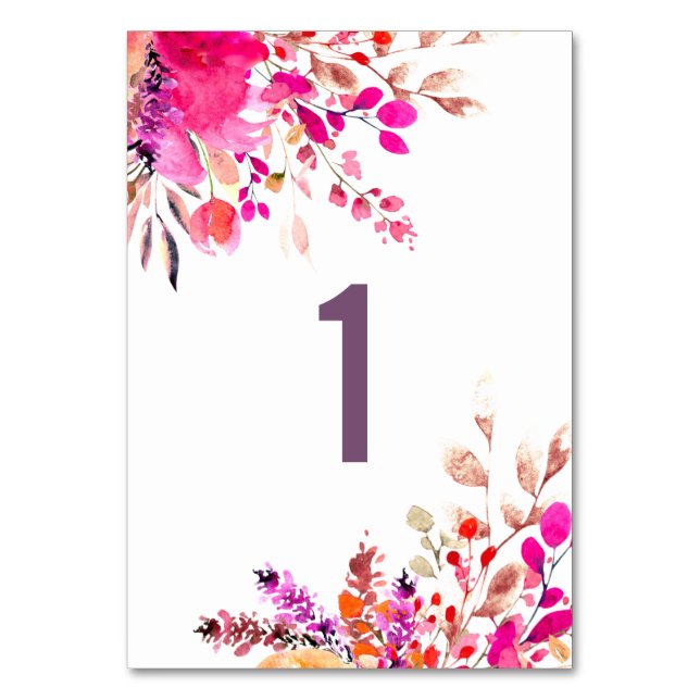 Blume in Aquarellfarbe. Hochzeitsreise im Garten Tischnummer (Vorderseite)