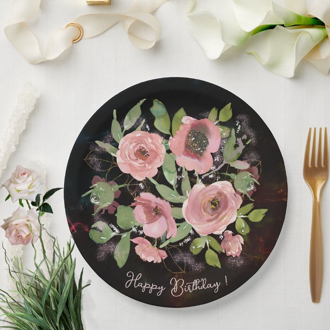 Blume in Aquarellfarbe Pappteller (Watercolor Pink flowers on Black Paper Plates)