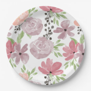 Blume in Aquarellfarbe, Rosa und Lilac Pappteller