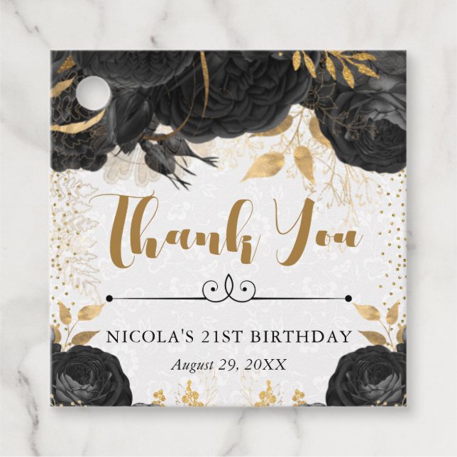 Blume in Aquarellfarbe Schwarz und Gold zum Geburt Geschenkanhänger (Vorderseite)