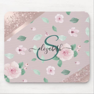 Blume in Aquarellfarben Rose Gold Monogramm Mousepad