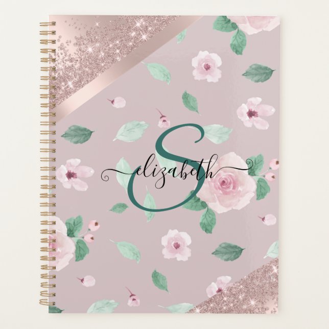 Blume in Aquarellfarben Rose Gold Monogramm Planer (Vorderseite)