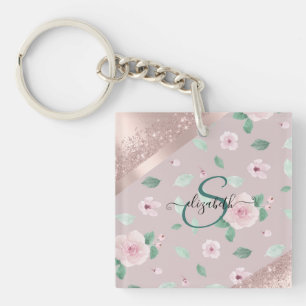 Blume in Aquarellfarben Rose Gold Monogramm Schlüsselanhänger