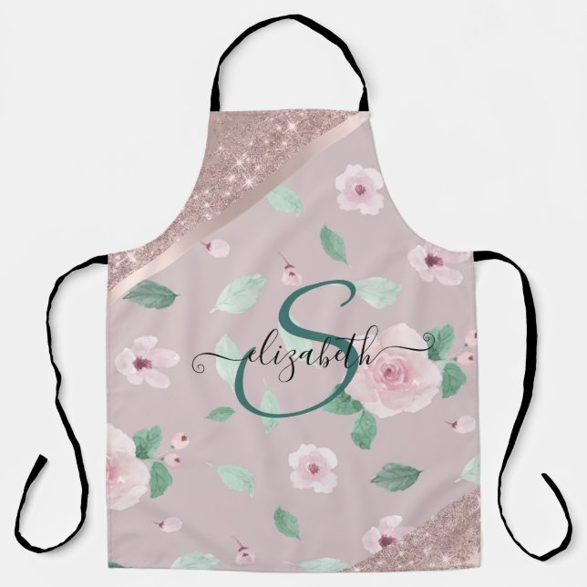 Blume in Aquarellfarben Rose Gold Monogramm Schürze (Vorderseite)
