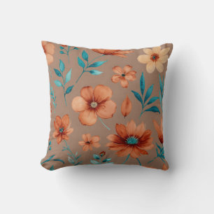 Blume in Beige, aquamarin, Rot und Rost Kissen
