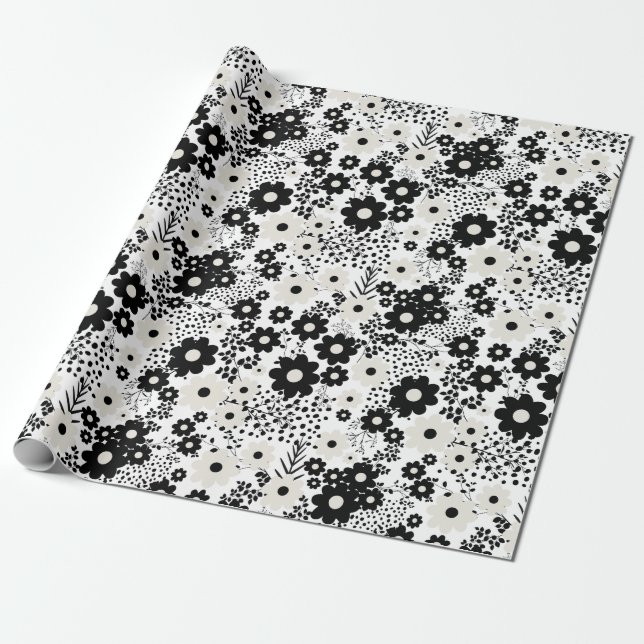 Blume in Beige und Schwarz Geschenkpapier (Ungerollt)
