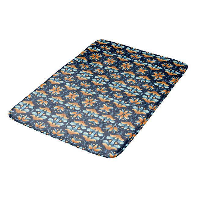Blume in Blau-Orange Art Deco Badematte (Schrägansicht)
