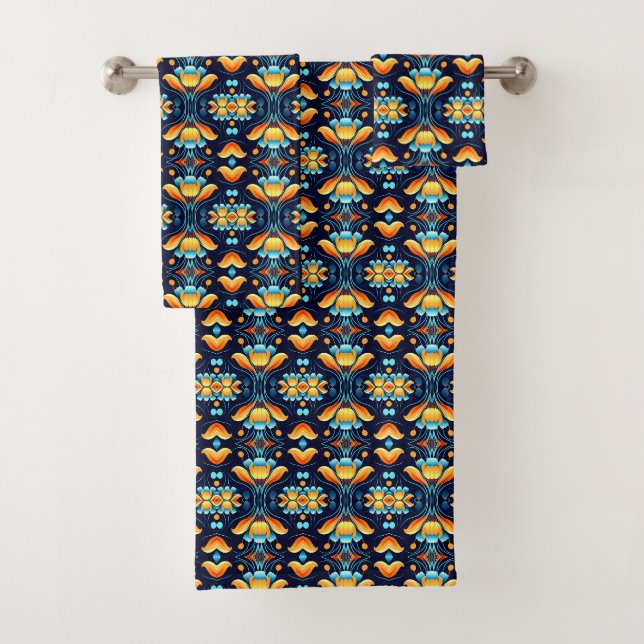 Blume in blau-orange Art Déco Badhandtuch Set (Insitu)