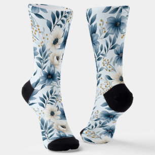 Blume in Blau und Beige Socken