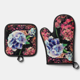 Blume in Blau und Rosa Ofenhandschuh & Topflappen-Set