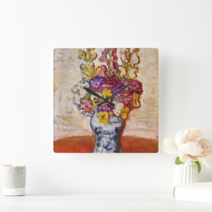 Blume in Blau und Weiß in der Orangen Tabelle Quadratische Wanduhr